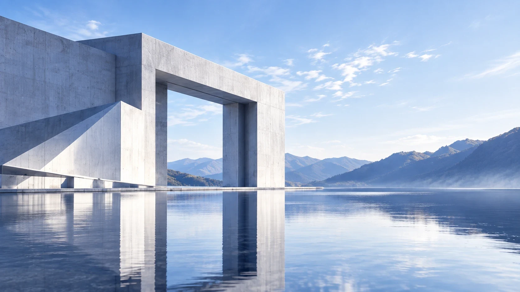 A concrete gateway on a still lake, with mountains and sky beyond