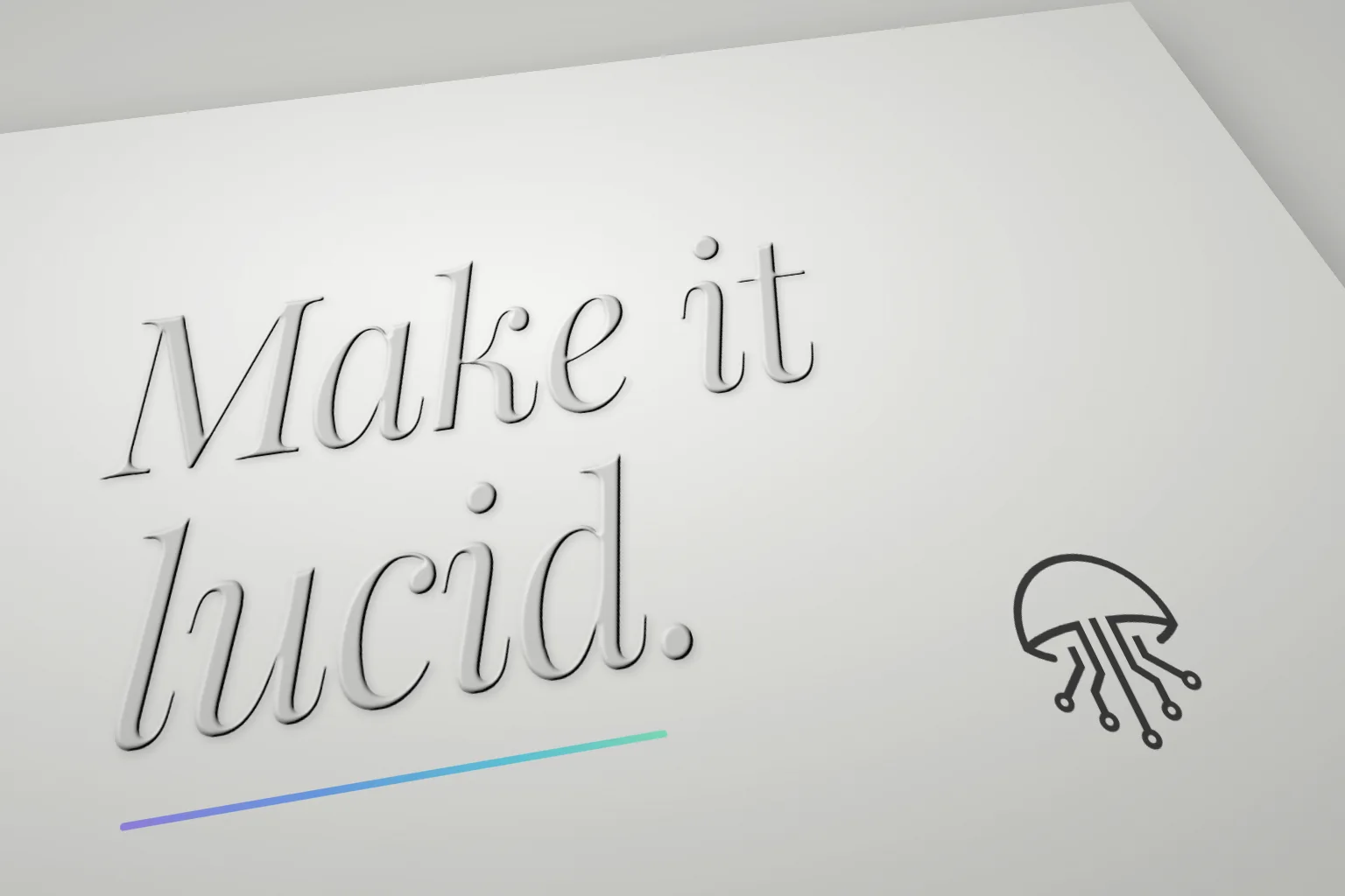 Close-up of “Make it lucid.” blind-embossed on white paper, with a thin gradient line and the Lucidra mark