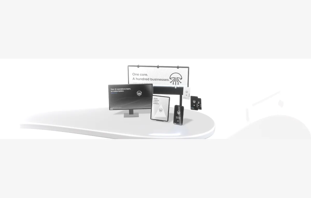 A monitor, a tablet and a phone playing the same brand ad, with a large billboard behind
